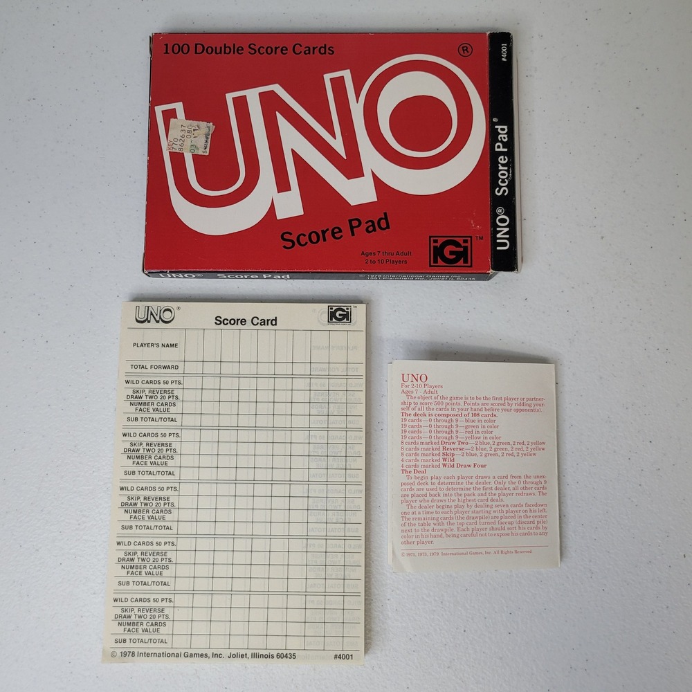 Vintage 1978 UNO Score Pad 100 Double Score Cards International Games 4001